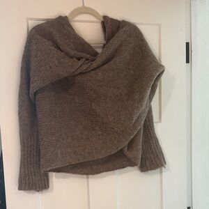 Off-Shoulder Wrap Knit Sweater in Taupe